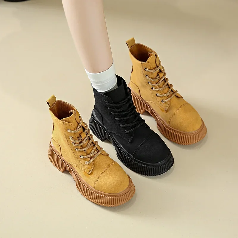 

Women Black Thick Soled Ankle Boots Platform Casual Shoes Short Suede Leather Motorcycle Boots for Female High Top Sneakers