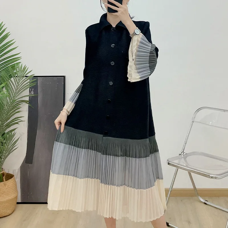 

Pleats Pleated Trench Coat Thin Jacket Women Spring and Summer 2024 Collar Single-breasted Top Seven-quarter Sleeve Cardigan