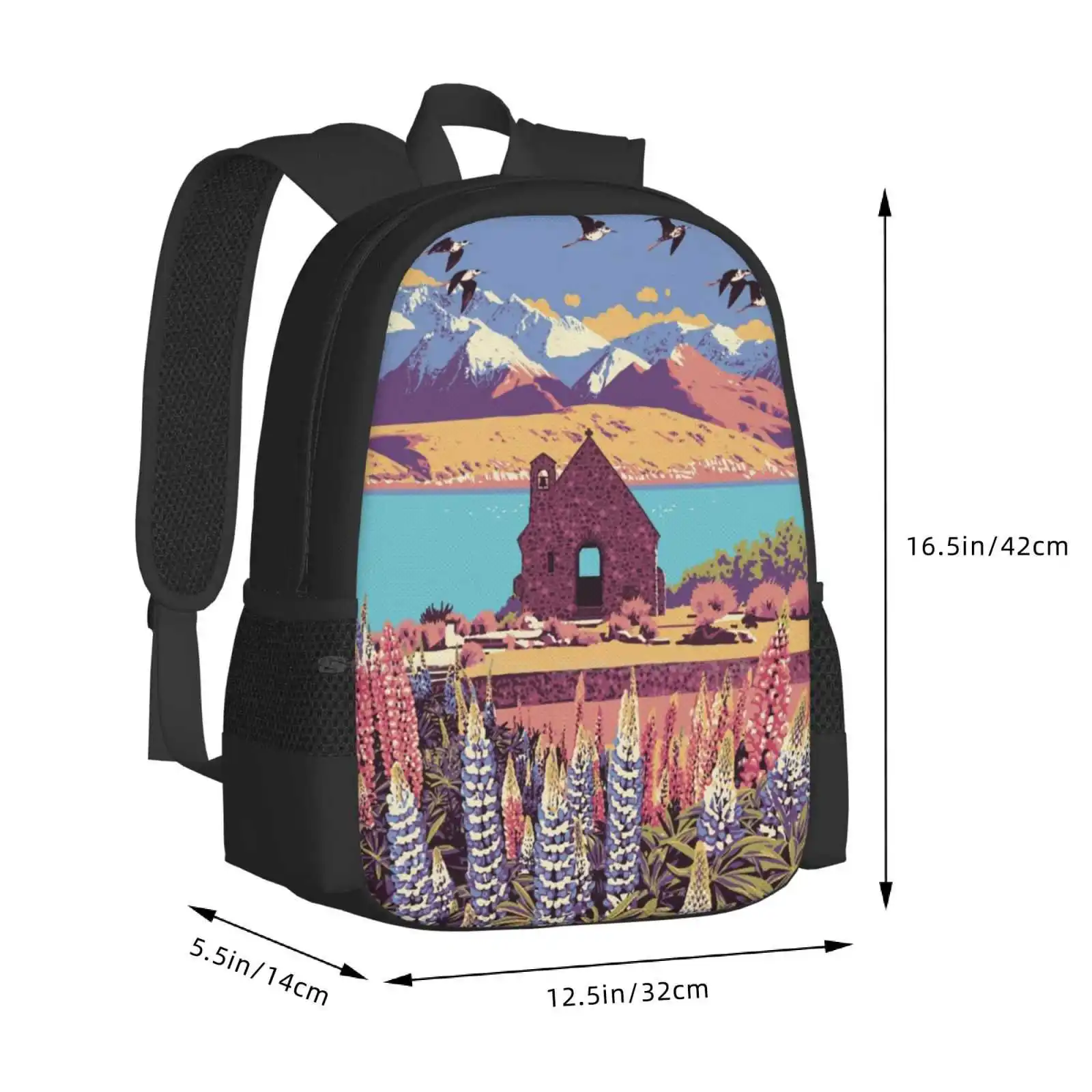 Lake Tekapo School Bag Big Capacity Backpack Laptop Tekapo Vintage Travel New Zealand Tourism Church Lake Country Colour Graphic