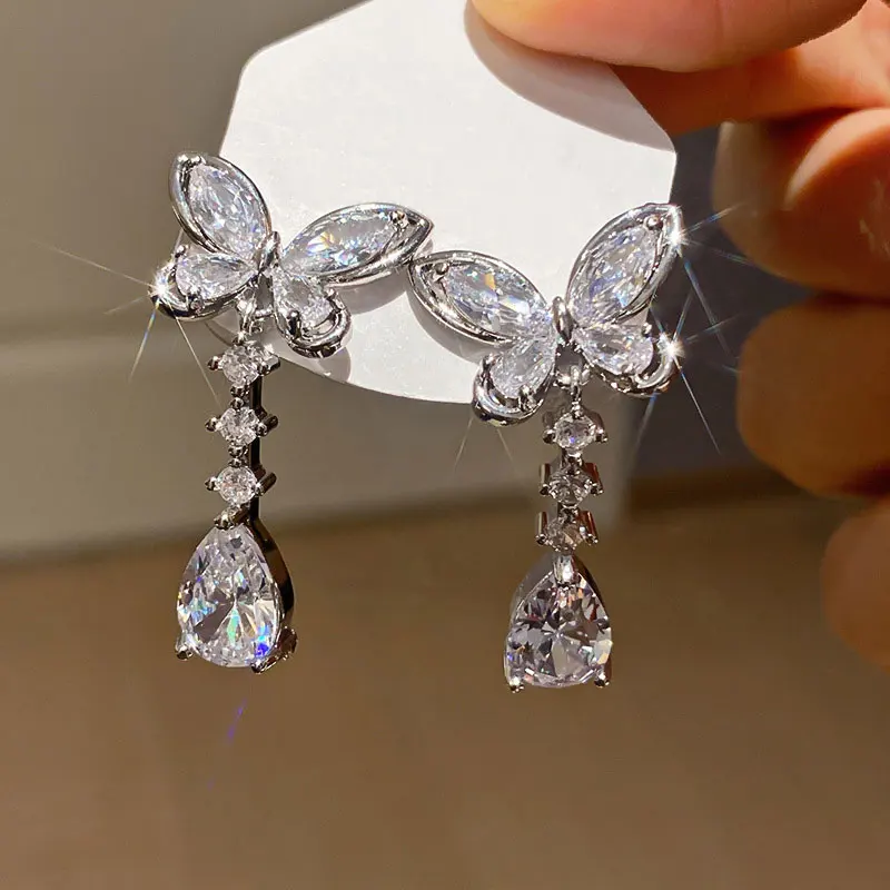 OXTAO Light Luxury Waterdrop Earrings Moissanite&Cubic Zirconia Butterfly Earrings 14K Gold Filled for Women Girl Party Jewelry view 3
