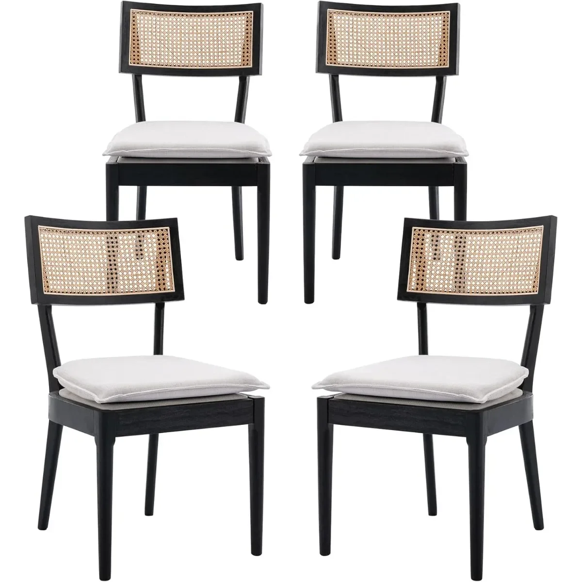 Rattan Farmhouse Dining Chairs Set of 4, Linen Country Dining Chairs with Hollow Back, Double Upholstered Dining Room Chairs