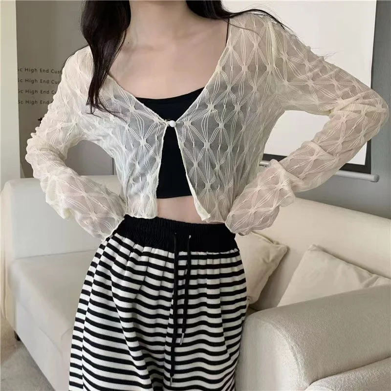 Novedad de verano, cárdigan ajustado con ribete de encaje v-ne ort Svel para mujer, prendas de vestir exteriores para aire acondicionado Thin Me Open-irt