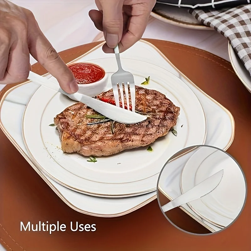 30-Piece 6-Person Silver and White Silverware Set with Elegant Handles - Dishwasher Safe, Cutlery Includes Dinner Knives, Forks,