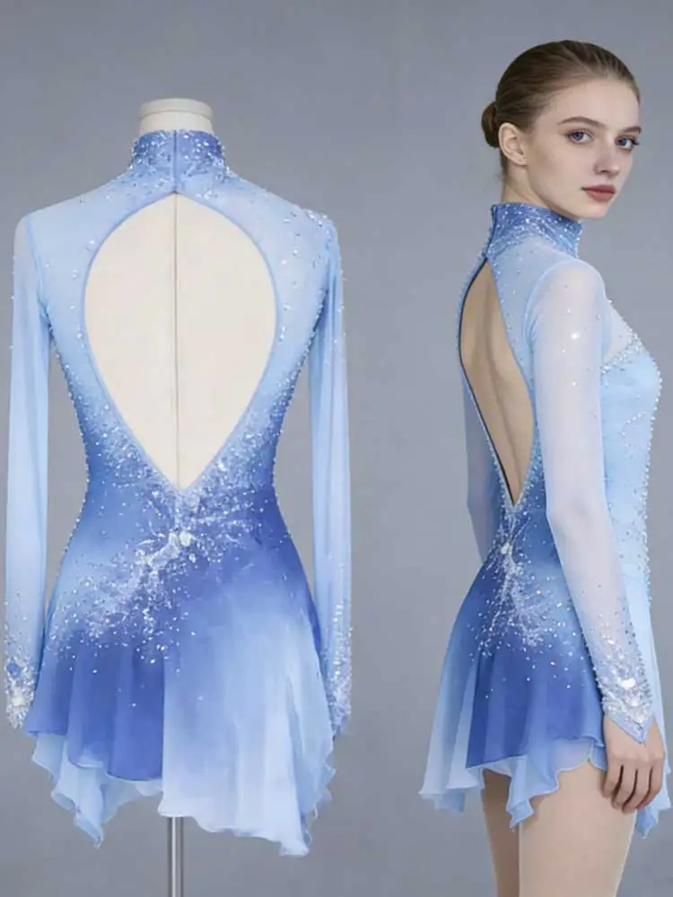 

Платье для выступлений по фигурному катанию, синий градиент, стразы, несъемные стразы, на заказ.
