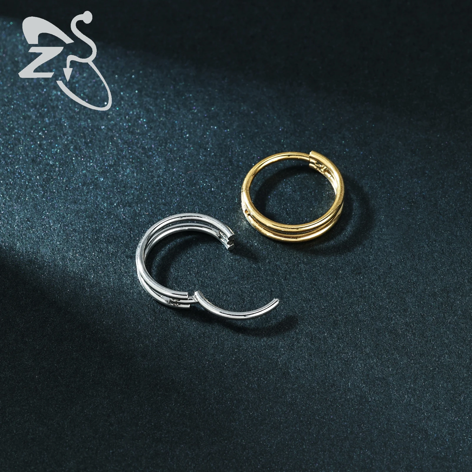 ZS 1PC Gold Color Septum Ring Crystal Nose Piercing Stainless Steel Nose Clicker Double-Layer Plain Circle Cartilage Piercings