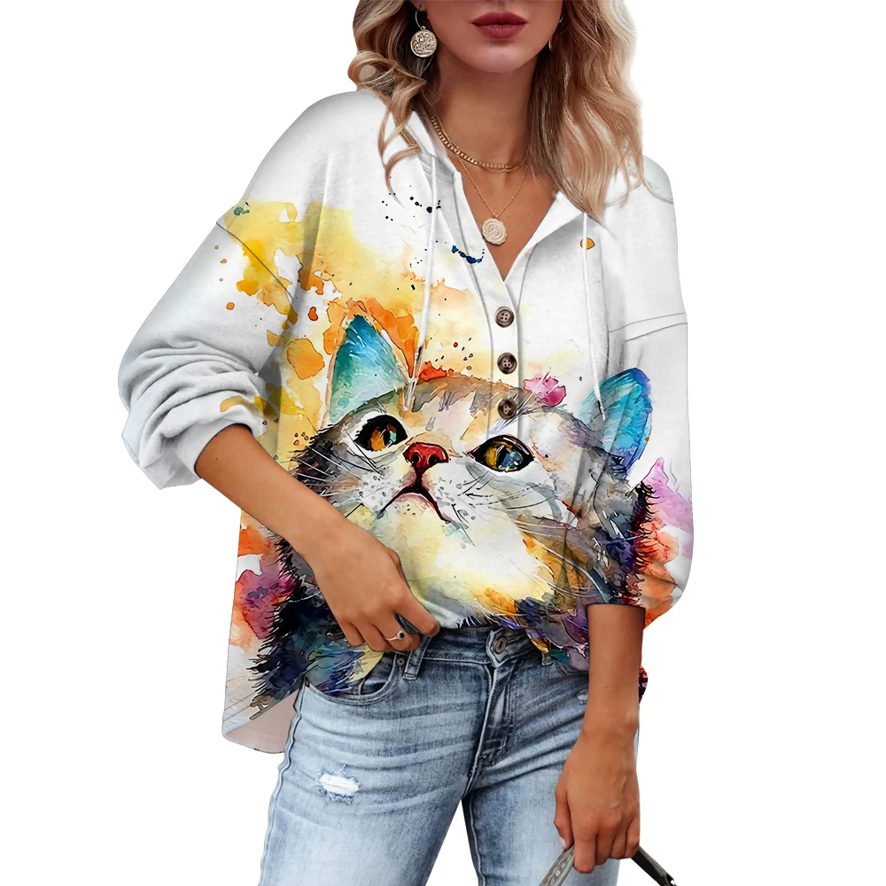 

CLOOCL Hoodie Sweatshirt Women Long Sleeve Pullover Pocket Tops Loose Casual Tops Graffiti Cat Printing V-neck Hoodie Autumn