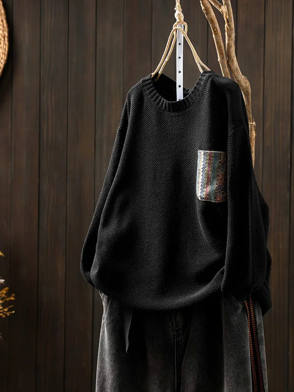 Maglione lavorato a maglia patchwork floreale casual da donna sciolto di grandi dimensioni autunno vintage lungo Sve rotondo Ne pullover filato di cotone