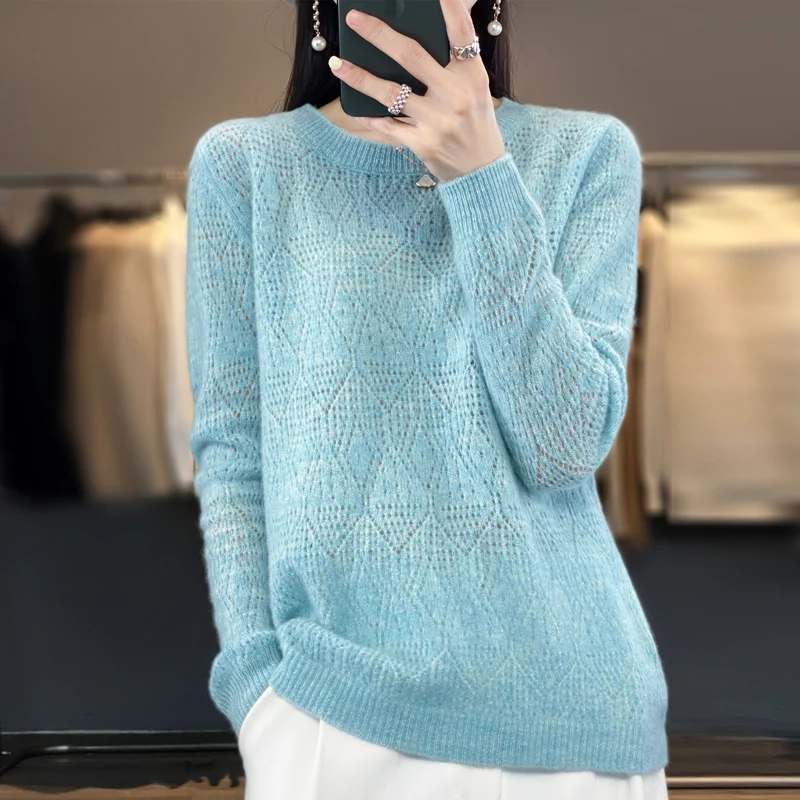 Spring Autumn New 100 Woolen Sweater Women\'s Low Round Neck Pullover Knitted Hollow Out Thin Solid Color Bottom Loose Top Trendy