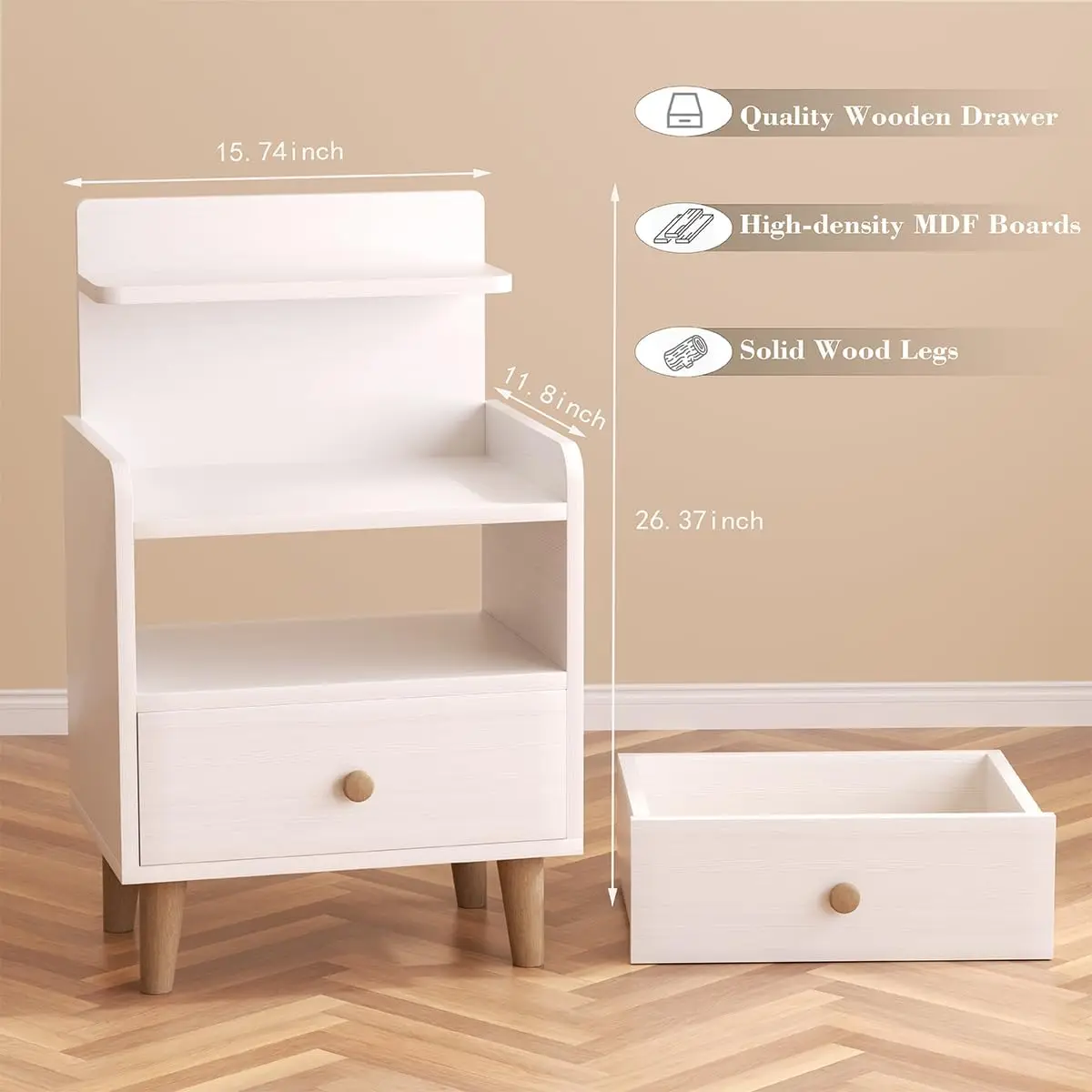 

Night Stand, Wood Bedside Tables With Drawers, Mid Century Modern Side Table With Open Storage Shelf,Boho End Tables For