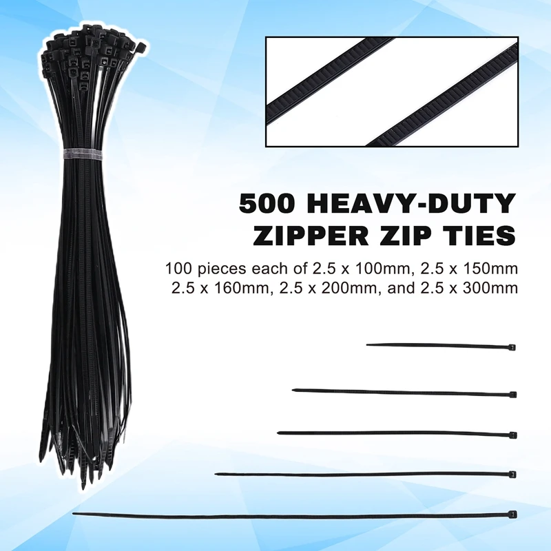 WFF 500PCS Cable Ties Black Heavy Duty Zip Ties 2.5 X 100Mm, 2.5 X 150Mm, 2.5 X 160Mm, 2.5 X 200Mm, 2.5 X 300 Mm