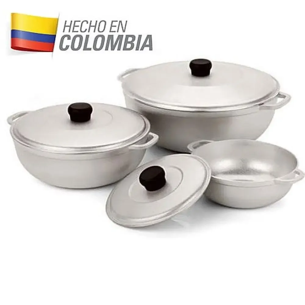 Colombian Cast Aluminum Caldero Set with Lid Rice Beans Meat Stews 3-Piece Traditional Design Seasoned Finish Oven Safe Variety