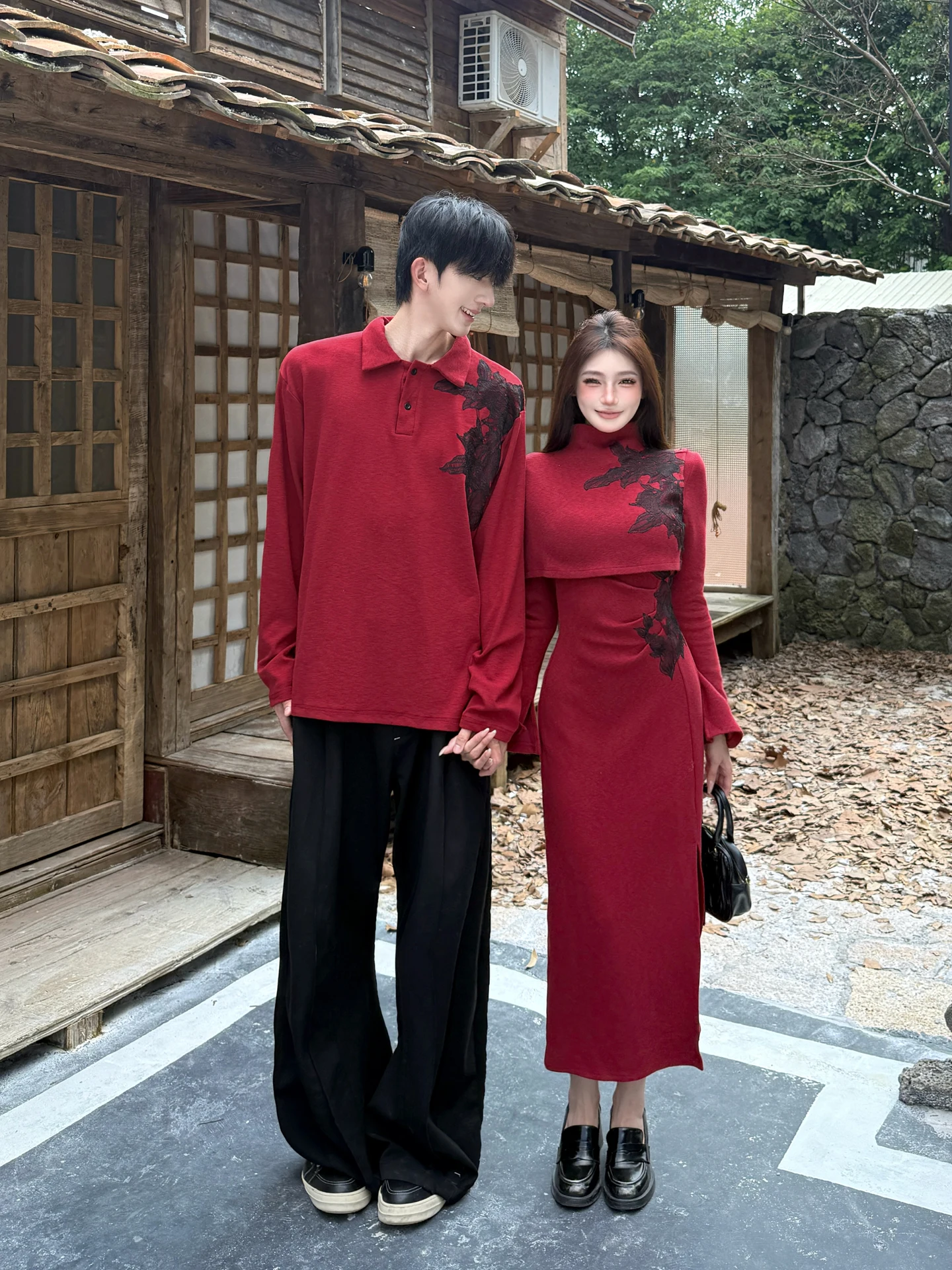 Red Shirt Knitted New Chinese Style Couple Matching Dresses Men Women Wedding Engagement Return Home Ceremony Clothing Set