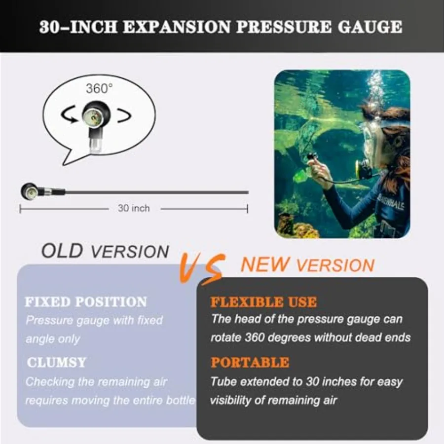 Mini Scuba Tank for snorkeling exploration aluminum alloy black 1L/3000 PSI with extended pressure gauge DOT CE-EN250 certified view 2