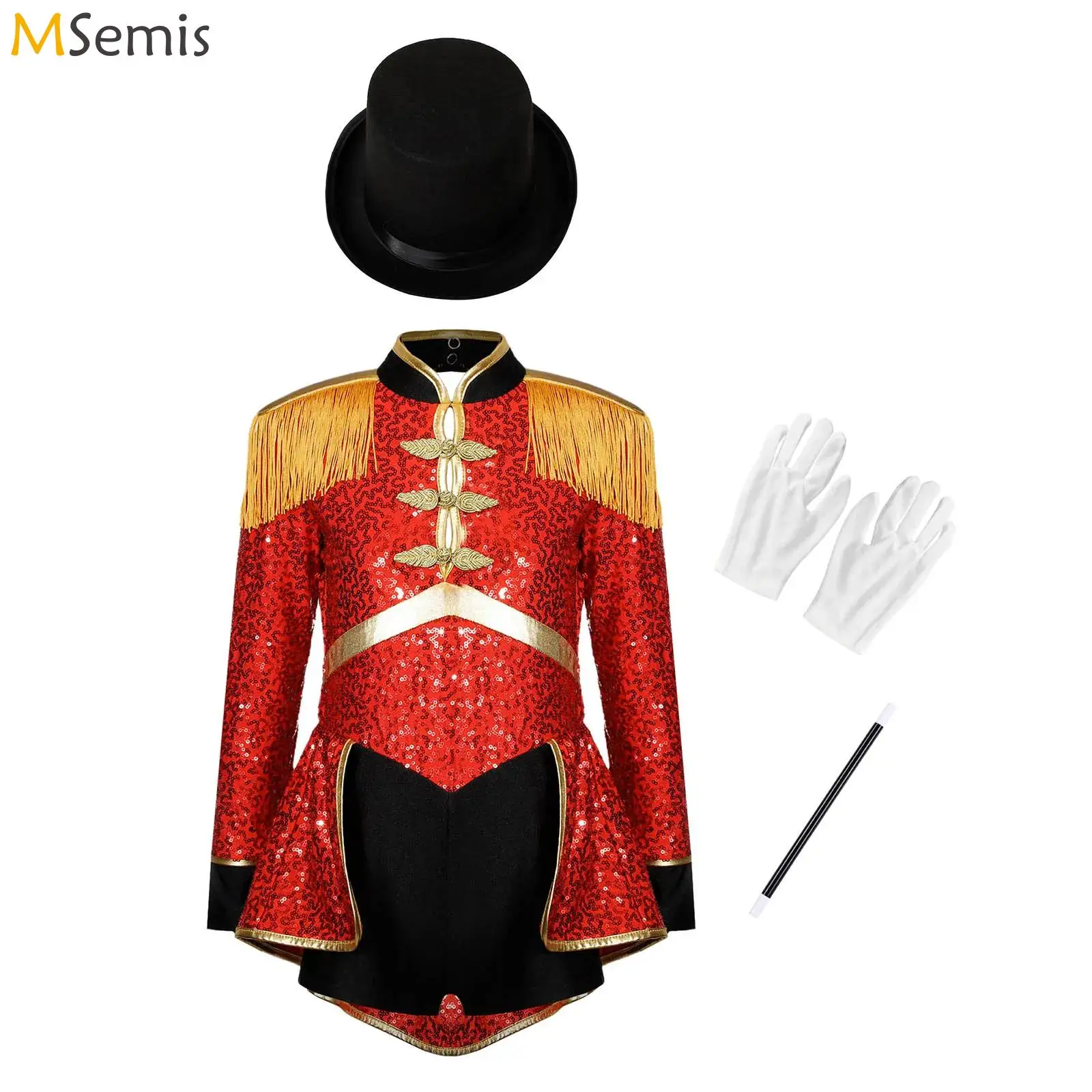 4Pcs Kids Girls Ringmaster Circus Costume Sequins Jumpsuit Hat Gloves Wand Set for Halloween Magician Drummer Cosplay Dress Up