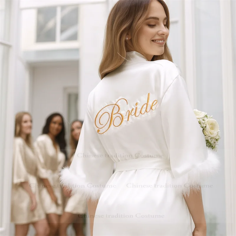 

Vestidos De Novia атласное кимоно женское короткое платье с рукавами-перьями свадебное платье невесты сексуальное женское белье Pijama Mujer платье подружки невесты