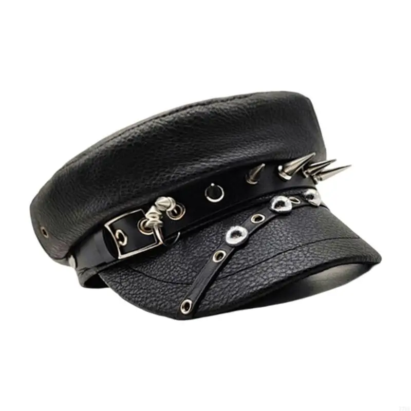 77HE หรูหรา PU หนัง Trucker หมวกสำหรับวัยรุ่นหญิงพร้อม Rivet Studded Buckles เข็มขัดสำหรับ Punk Theme Party และชุดประจำวัน