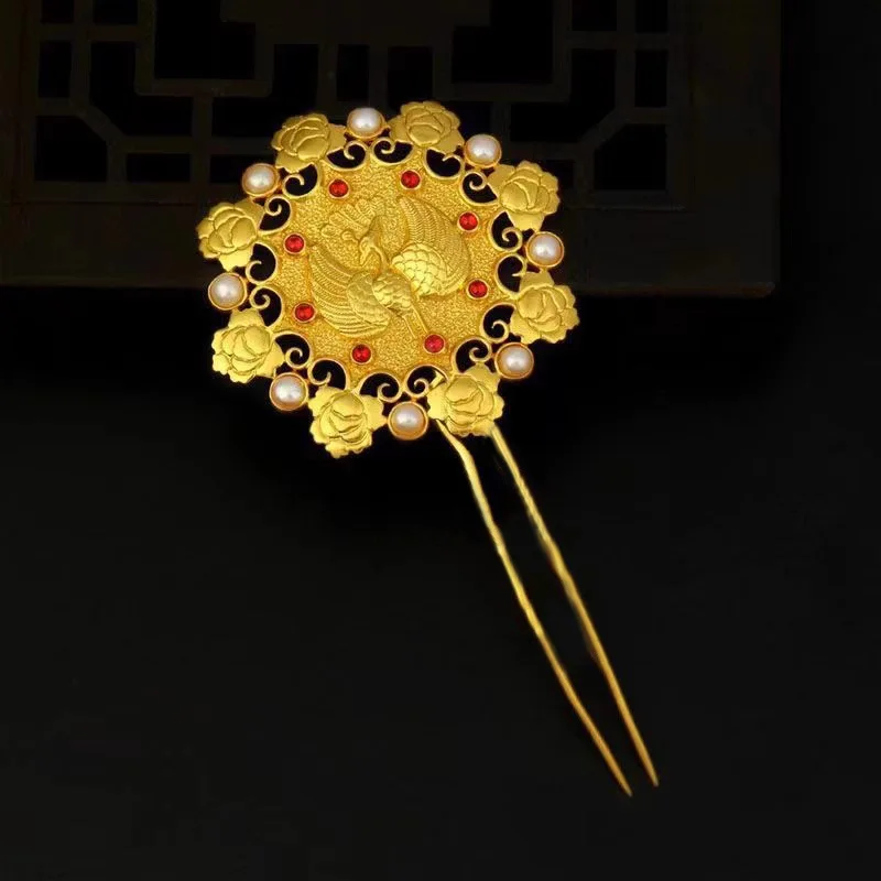 Ancient Gold Crafts U-shaped Hair Hanfu Vintage Turquoise Palace Style Large Flower Tiara Classical Style Coiled Pin Jewelry