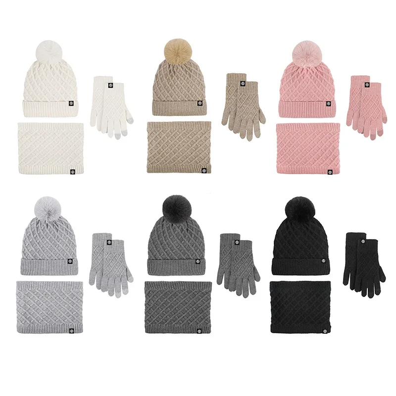 Winter Warm Sets Knitted Scarf Wraps Beanie Pompom Hat Touch Screen Gloves Set for Women