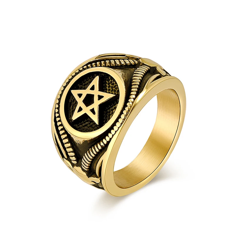 Punk Rock Stainless Steel Jew Star of David Round Finger Rings for Men Retro Jewelry Black Silver Color