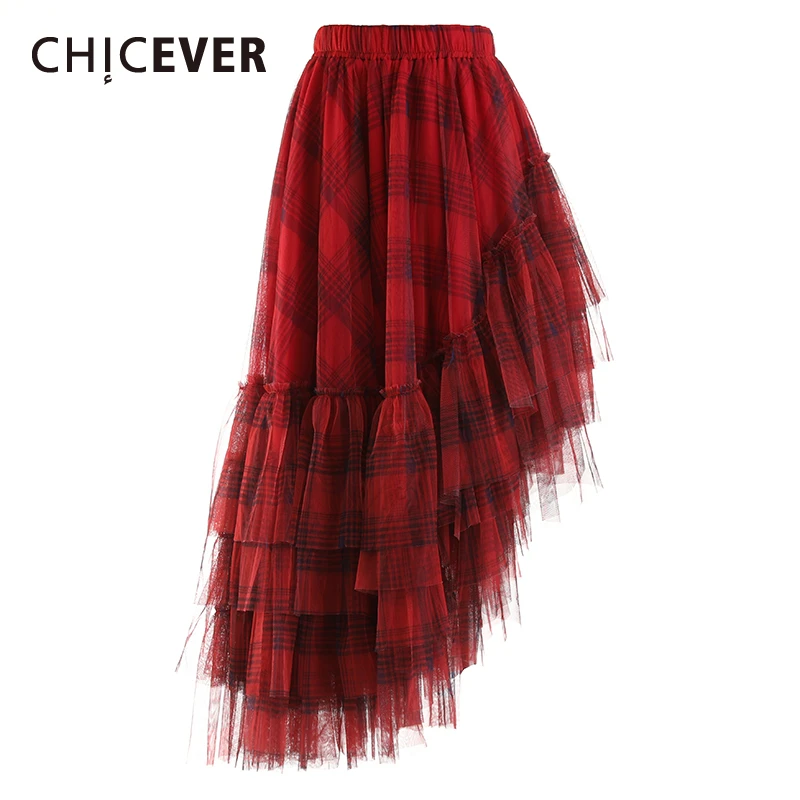 CHICEVER Spliced Mesh Plaid Irregular Midi Skirt for Women High Waist Loose American Retro A Line Skirts Female Spring Clothing