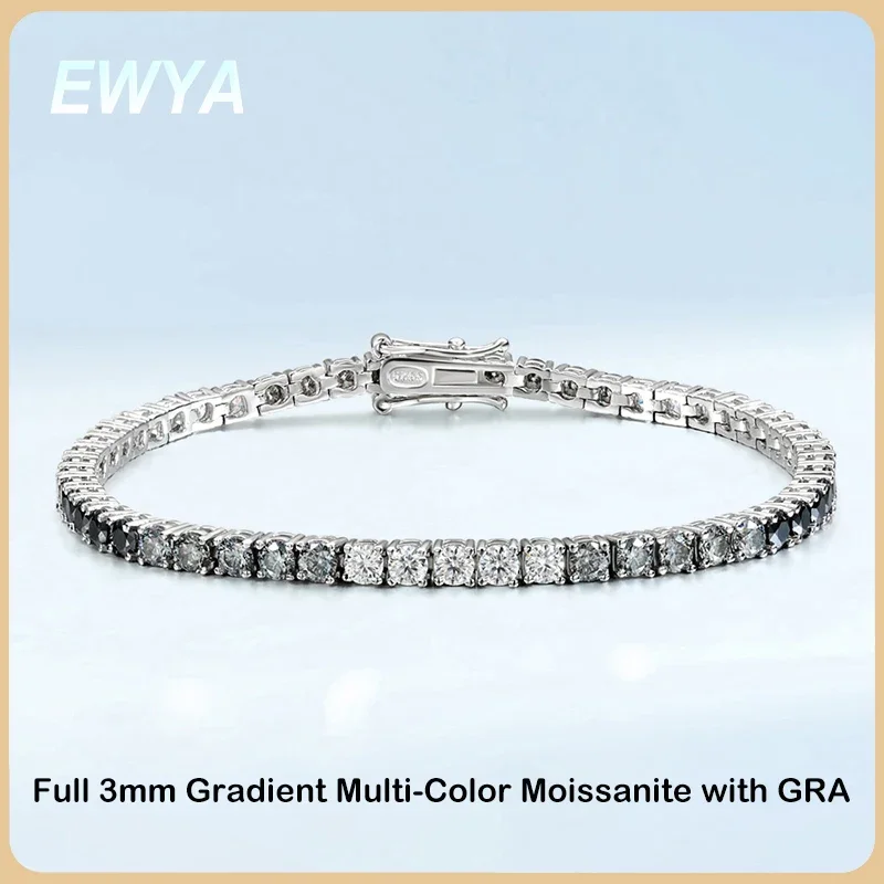 EWYA 3mm 0.1CT Gradient Color Black Grey White Moissanite Diamond Tennis Bracelet for Men Women Unisex 925 Silver Link Bracelets