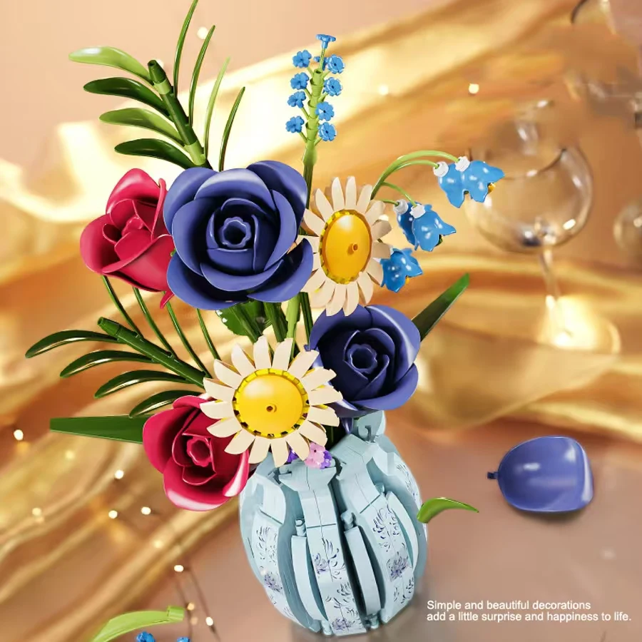 

787PCS Blue White Porcelain Vase Rose Sunflower Building Blocks Eternal Flower DIY Home Desktop Valentine Birthday Gift