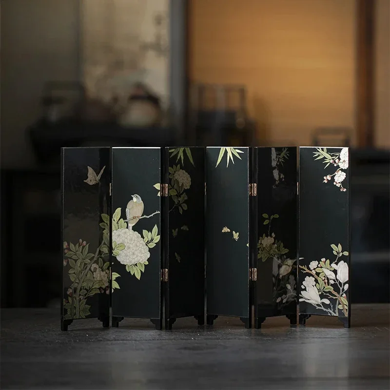 Double-sided Small Screen Ornaments Chinese Tea Table Lacquerware Wooden Ornaments Tea Space Ceremony Accessories