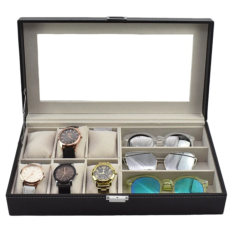 

Glasses Storage Box, PU Leather Clear Lid Jewelry Storage Display Box Showcase Organizer With 3 Grids 6 For Glasses And Watches