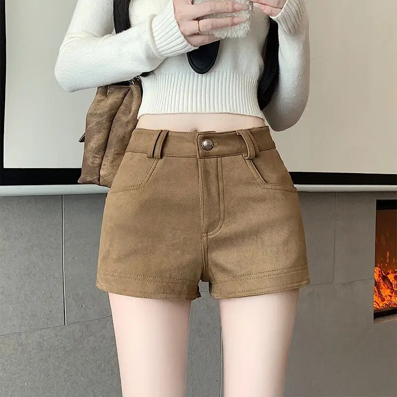 American Style The Spice Girls Autumn Winner Shorts Women Solid Pockets Zipper High Waist Streetwear Elastic Slim Wide Leg Short