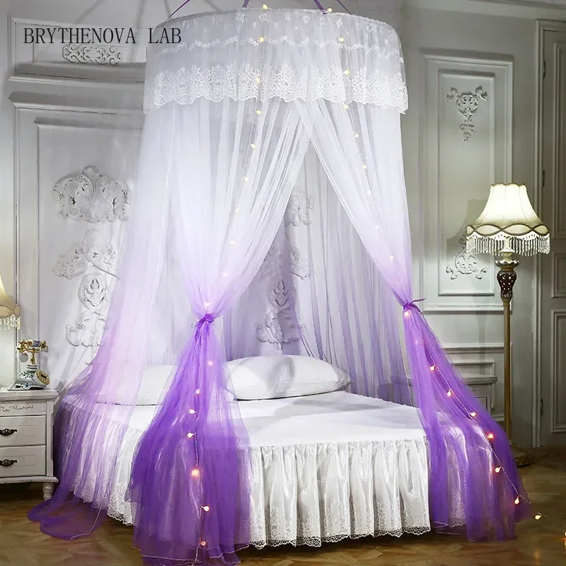 3 Doors Gradient Ceiling Dome Mosquito Net Elegant Landing Tent Netting with Tieback Decorative Dome Encryption Home Bed Curtain