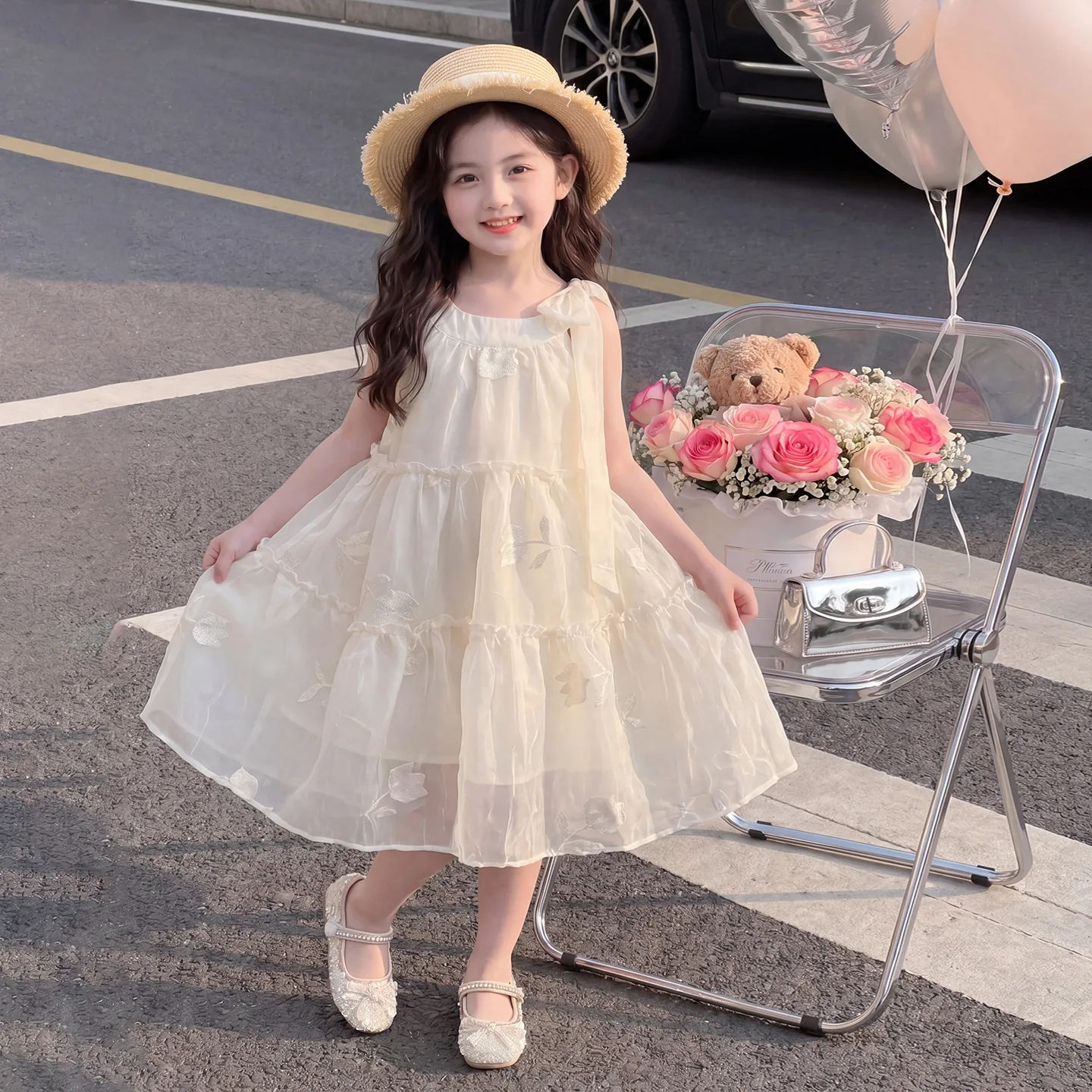 Girls Dress Sleeveless 2026 Summer New Jacquard Hanging Neck Dress Girls Temperament Casual Beach Dress