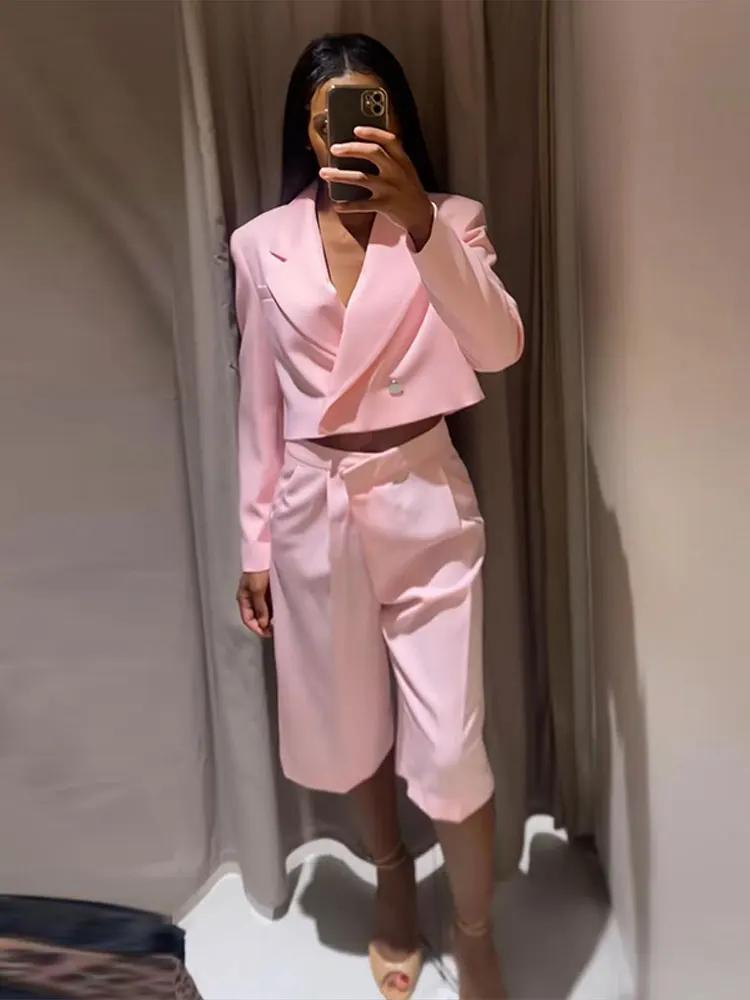 Revers-Langarm-Cropped-Anzugjacke mit Shorts für Damen – Eleganter Kurzmantel mit Knöpfen und High-Waist-Shorts – Schickes Büro-Outfit für Damen – Neu – Detail 18