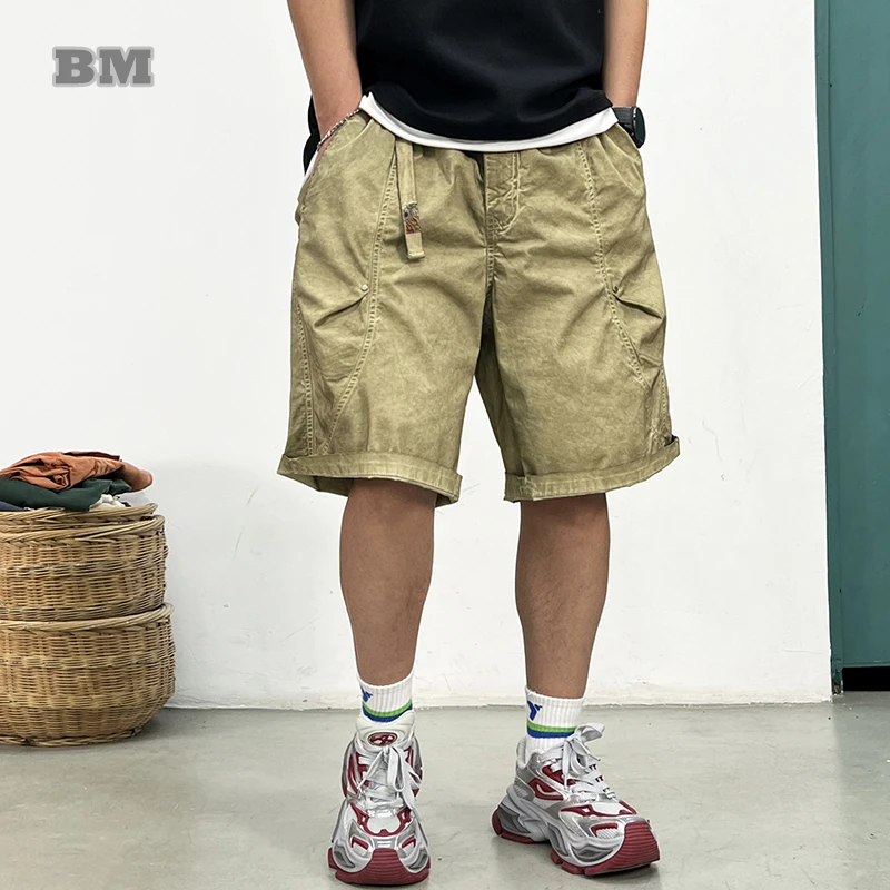 Cargo Shorts Men Summer Distressed Washed Loose Fit Straight Leg Mid-Length Heavyweight Cotton Khaki Casual Streetwear Trendy