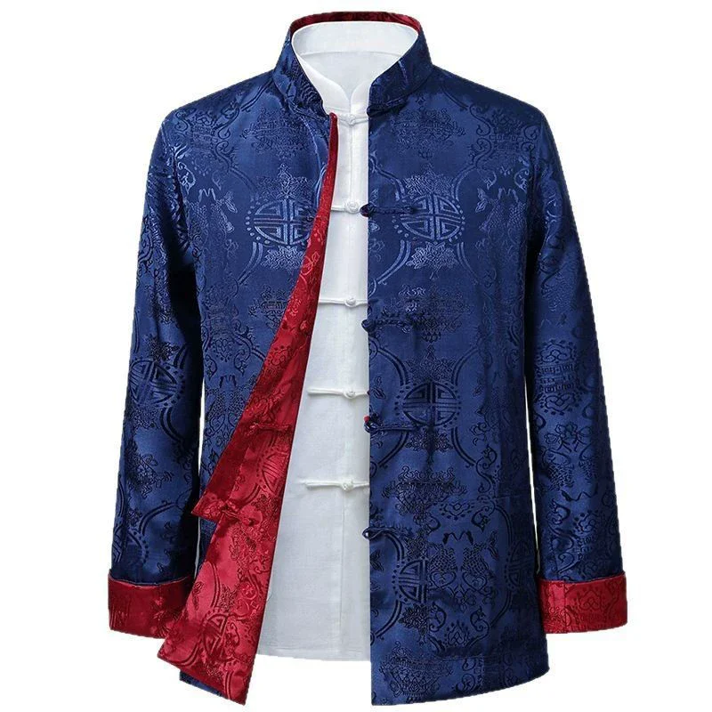 Traditional Chinese Style Men's Tang Suit Jacket Long Sleeve Double-Sided Wearable For Middle-Aged And Elderly Spring Autumn