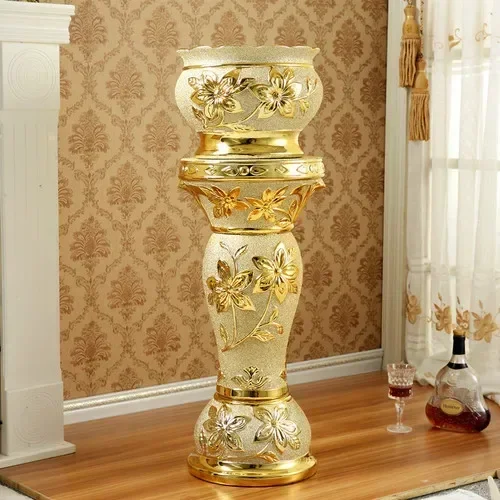 European-Style Roman Pillar Living Room Decoration High-Grade Ceramic Gold Floor Vase Large Entrance Decoration Creative