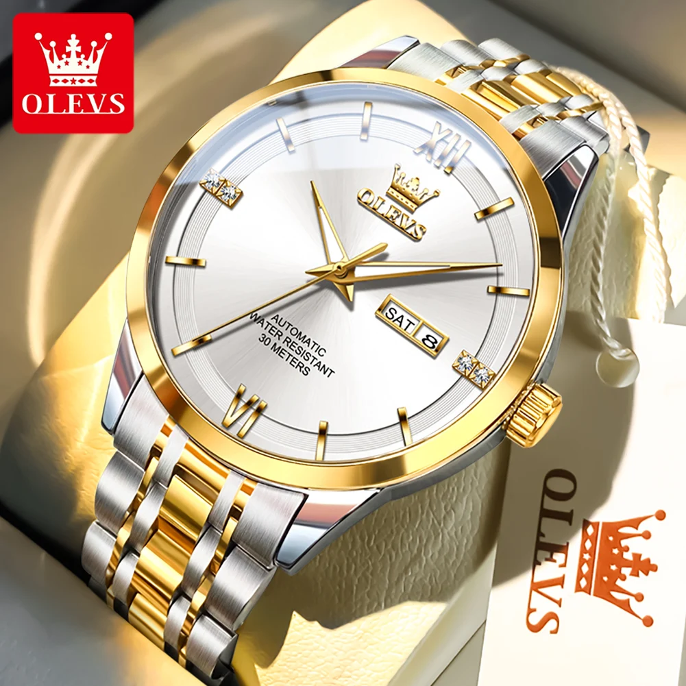 

OLEVS 7061 Классические оригинальные мужские часы, автоматические механические часы с большим циферблатом, водонепроницаемые, светящиеся, с двойным календарем, роскошные часы