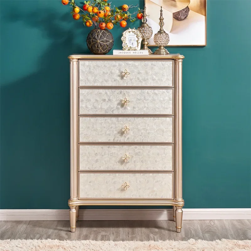 Light luxury solid wood shell chest cabinet champagne silver locker storage side cabinet drawer living room furniture complete