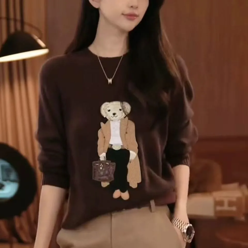 가을 겨울 신상 레트로 만화 테디베어 스웨터 여성용 기품 있는 O넥 긴팔 니트 풀오버 패션 다용도 상의
