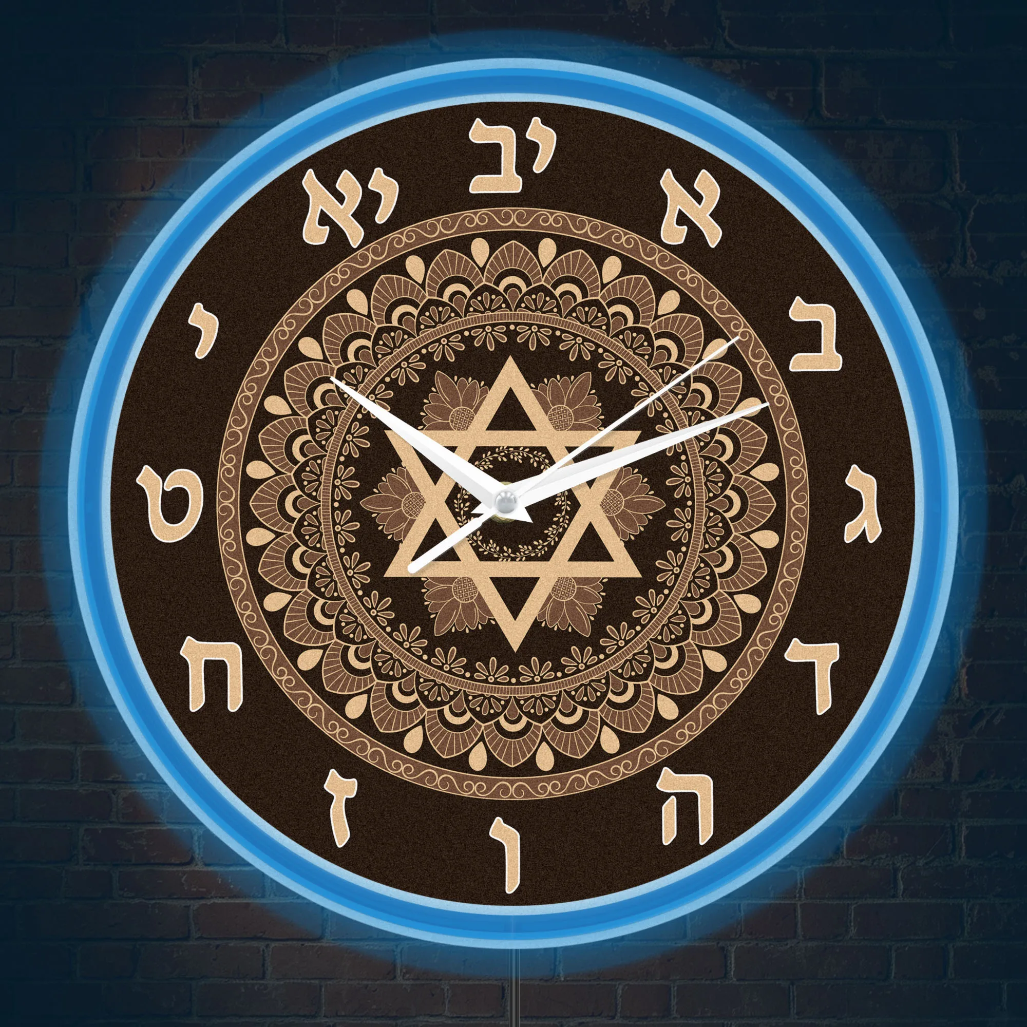 Star of David Mandala Hebrew Alphabet Neon Wall Clock Jewish Home Decor Six Pointed Star LED Glowing Edge Light Up Wall Clock