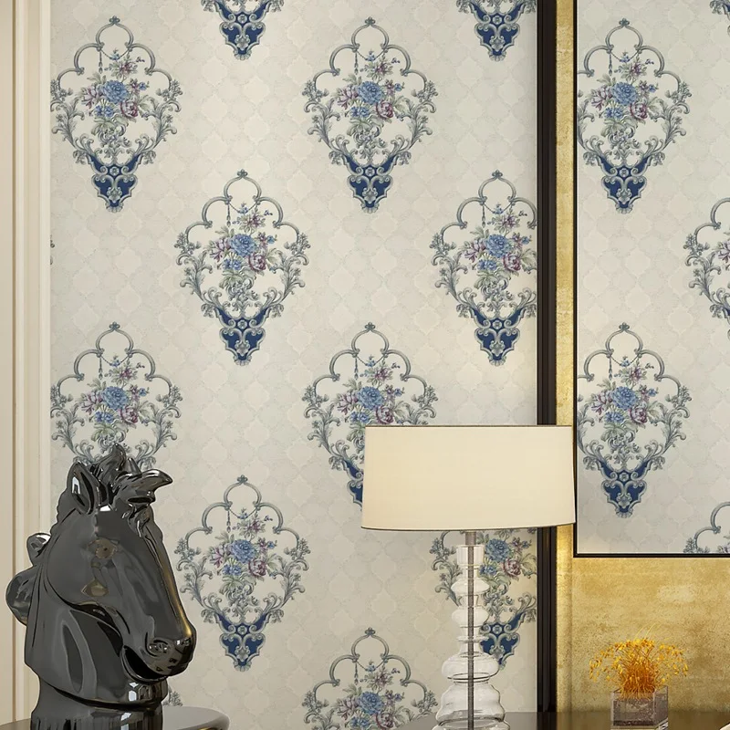 Vintage European Damask Floral Wallpaper Classic 3D Embossed Blue Flower Wallcovering for Bedroom Living Room Lobby Decoration