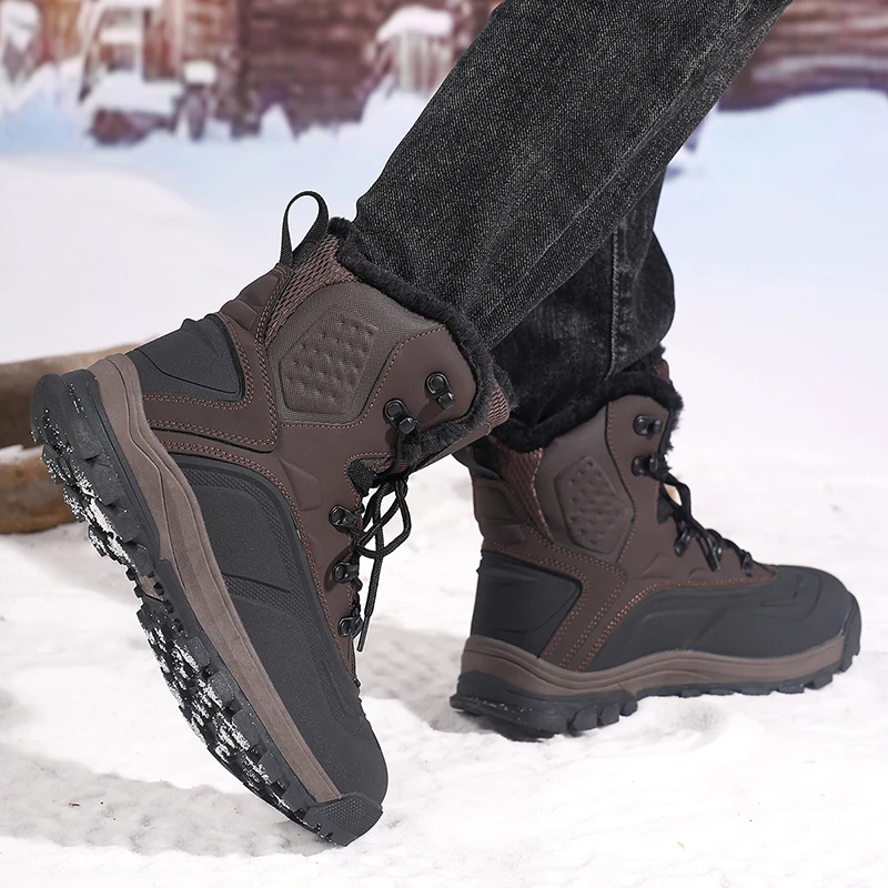 

2025 Winter Men's High-Top Motorcycle Boots Super Warm Plush Lined Platform Snow Shoes Wear-Resistant Climbing Shoes Size 48