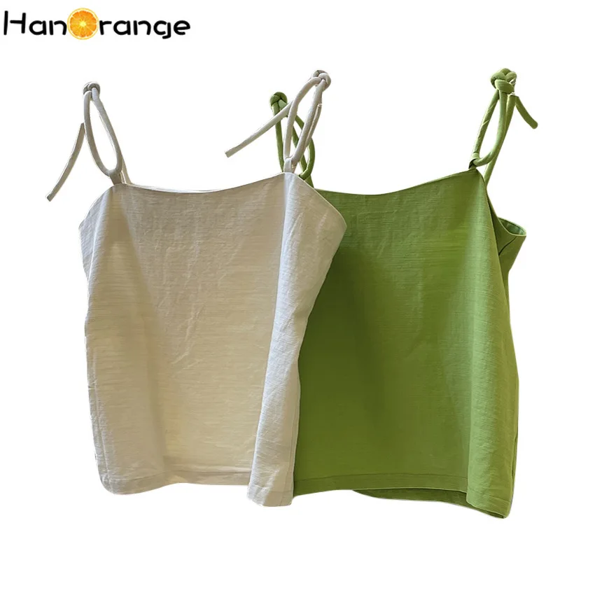 HanOrange 2024 Summer Adjustable Rope Knot Shoulder Strap Camisole Loose Camis Women's Thin Top Female Green/Beige