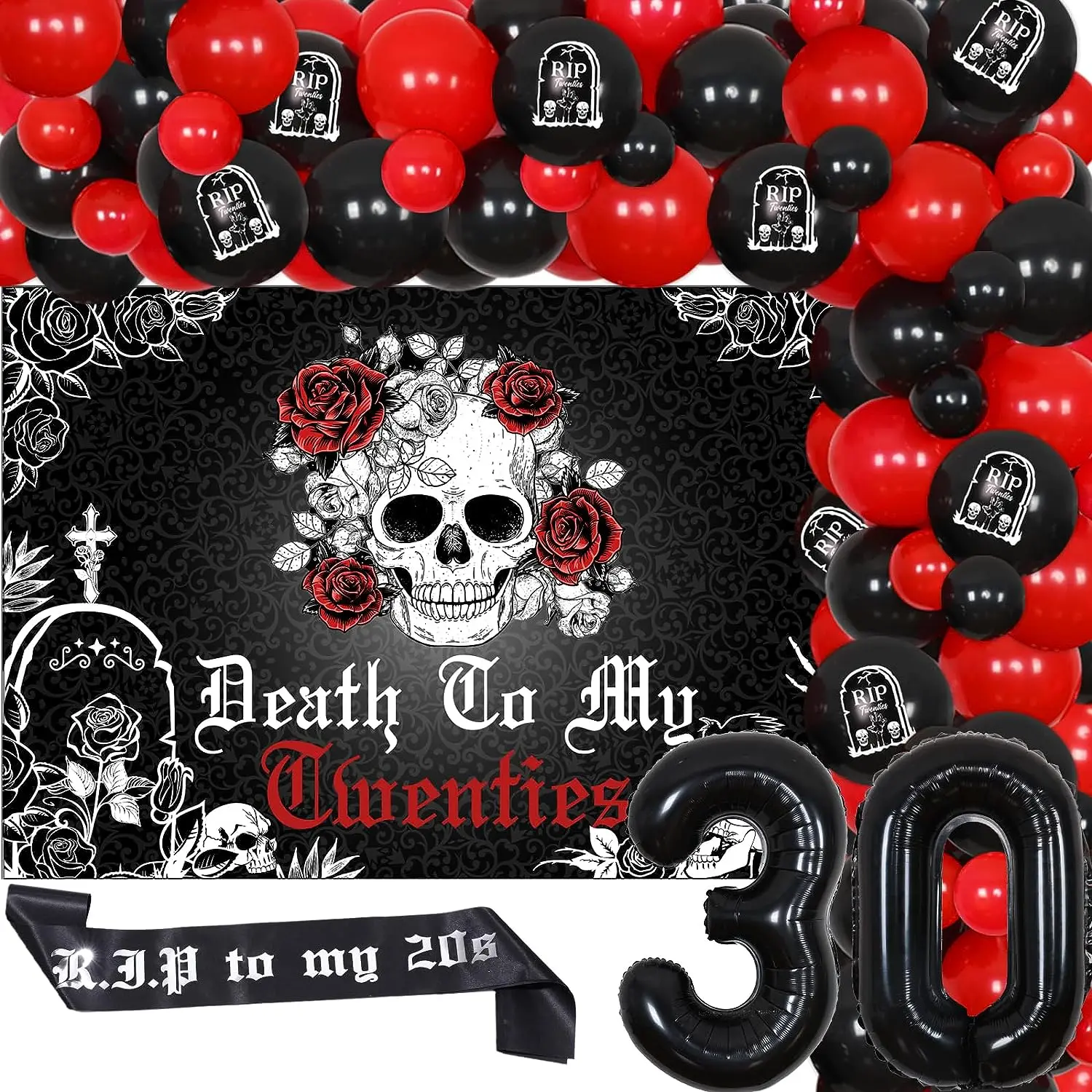 

Death To My 20s Gothic Decorations, Balloon Garland Kit, Backdrop Sash for Rip 20s, Black and Red, 30th Birthday Decor