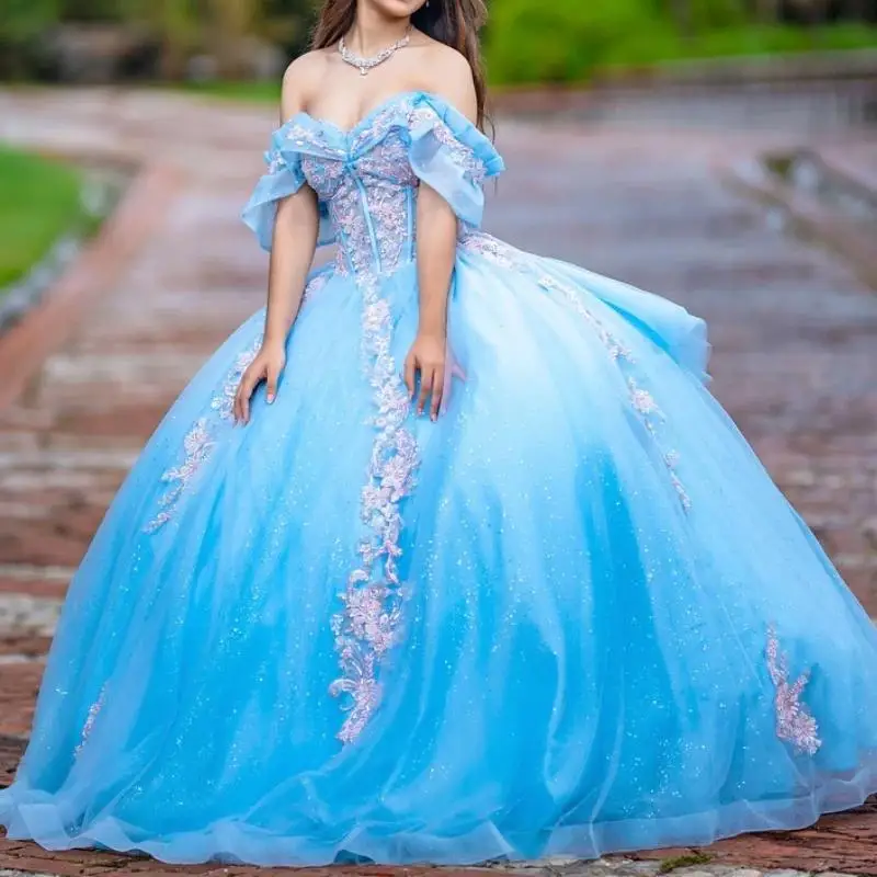 

Sky Blue Shiny Quinceanera Dress Off The Shoulder Lace Applique Sequins Beading Tull Mexican Sweet 16 Vestidos De XV 15 Anos