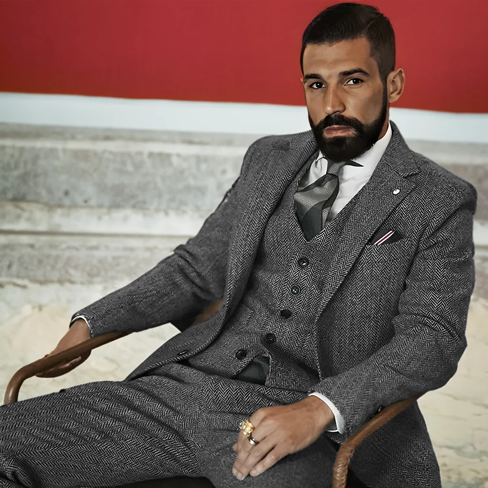 Men\'s Wool Suit 3 Piece Set Winter Twill Jacket Pants Vest Business Formal Men Blazer Classic Design Custom Size