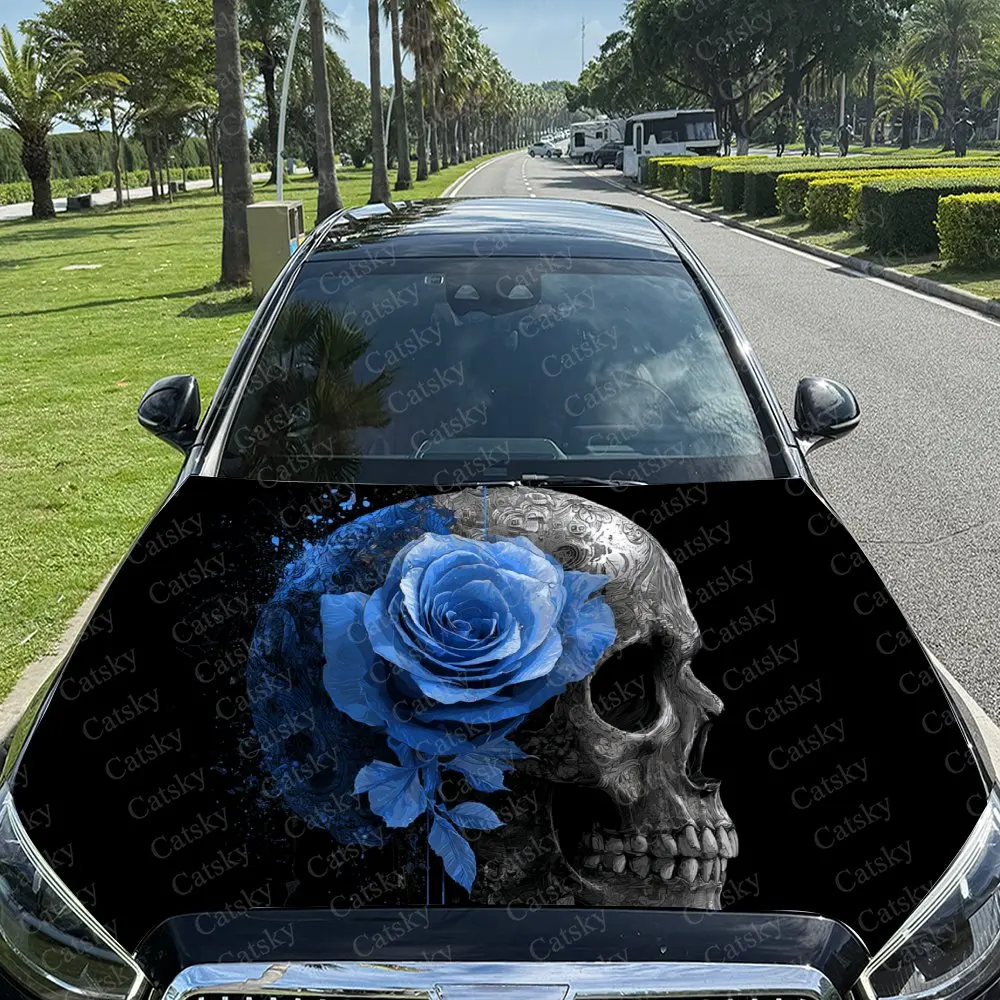 

Car Decal Creative Dark Art Design of Skull Surrounded by Blue Roses and Florals Car Hood Sticker, Waterproof Self - Adhesive PV