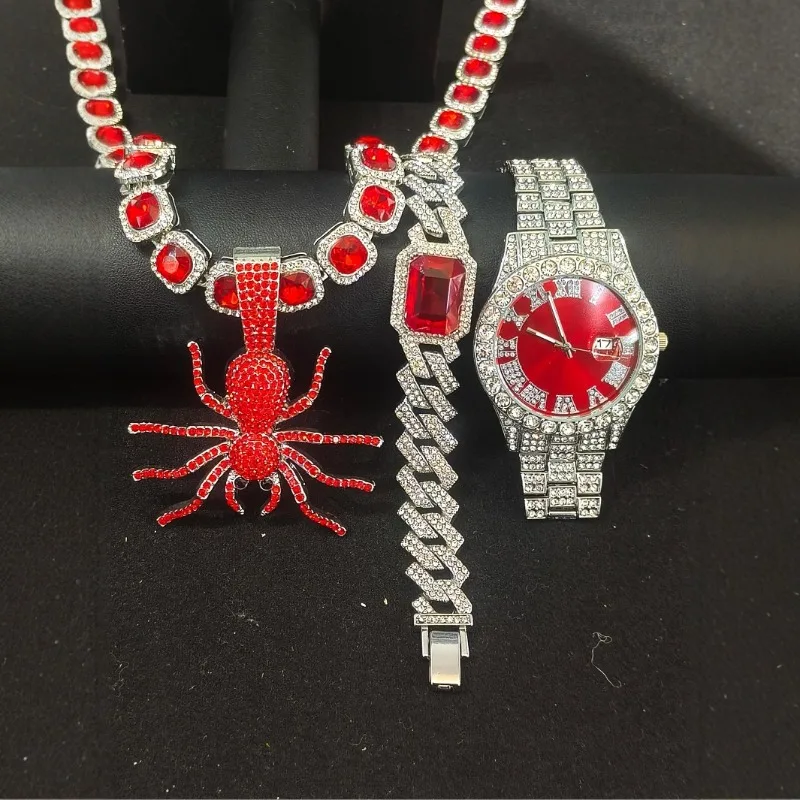Hip Hop Jewelry Set for Men - Roman Watch Cuban Chain Necklace & Bracelet with Spider Pendant, Iced Out Streetwear Gift Box