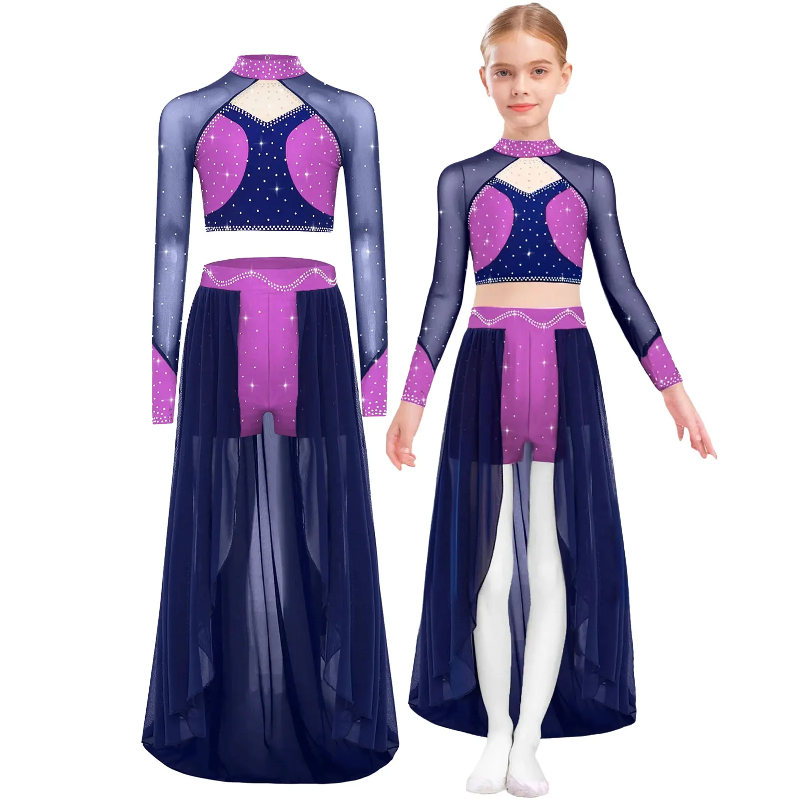 Robe de Ballet de patinage artistique pour enfants filles, haut court en maille transparente avec strass + justaucorps à jupe, Costume de danse lyrique