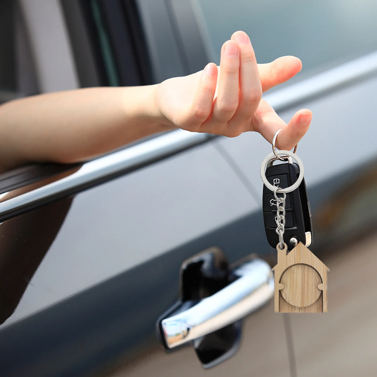 4Pcs Bamboo Token Keychain Sustainable Wooden Shopping Cart Key Ring for Supermarket Grocery Trolley Coin Quarter Holder