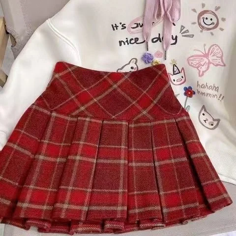 2024 Girls Short Skirt Woolen Autumn and Winter New Children Wear Checkered Half Skirt Fashionable Children Pleated Skirt